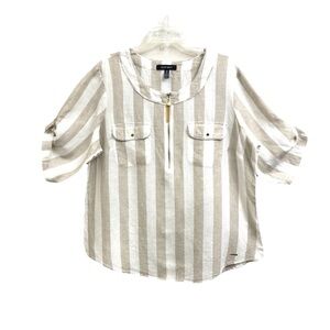 ELLEN TRACY LINEN BOXY TOP 0X/1X STRIPED GOLD HARDWARE ROLL TAB COASTAL PREPPY